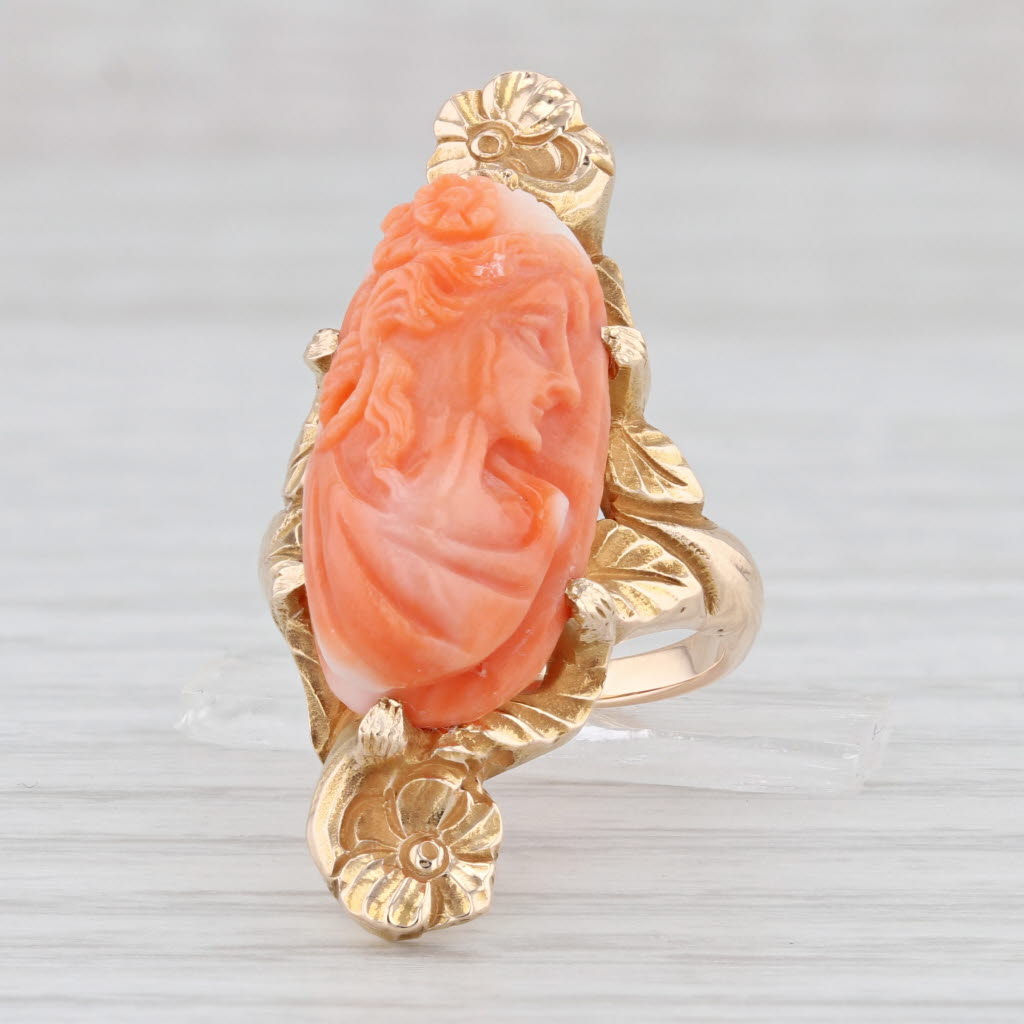 Vintage Carved Coral Cameo Ring 10k Yellow Gold Floral Statement size