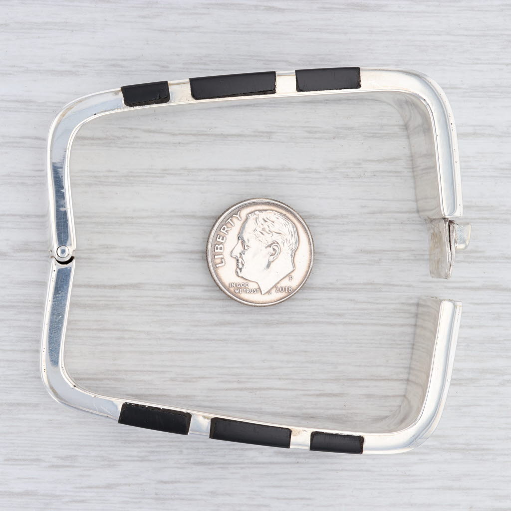 Light Gray Black Obsidian Volcanic Glass Mosaic Bangle Bracelet Sterling Silver 7.5” Taxco