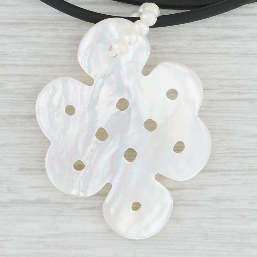 Light Gray Mother of Pearl Celtic Knot Cultured Pearl Pendant Black Cord Necklace 14k Gold