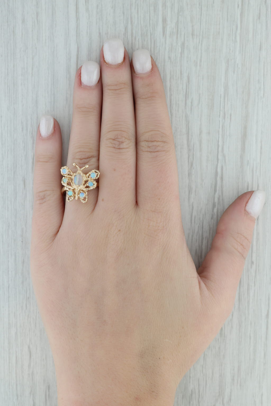 Gray Opal Butterfly Ring 14k Yellow Gold Size 7 Cocktail Bug Insect Jewelry