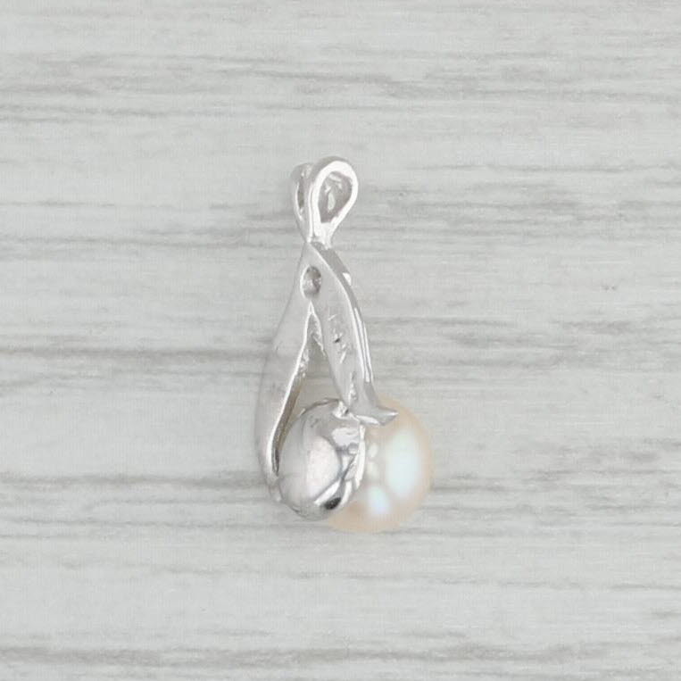 Light Gray Small Cultured Pearl Diamond Drop Pendant 14k White Gold
