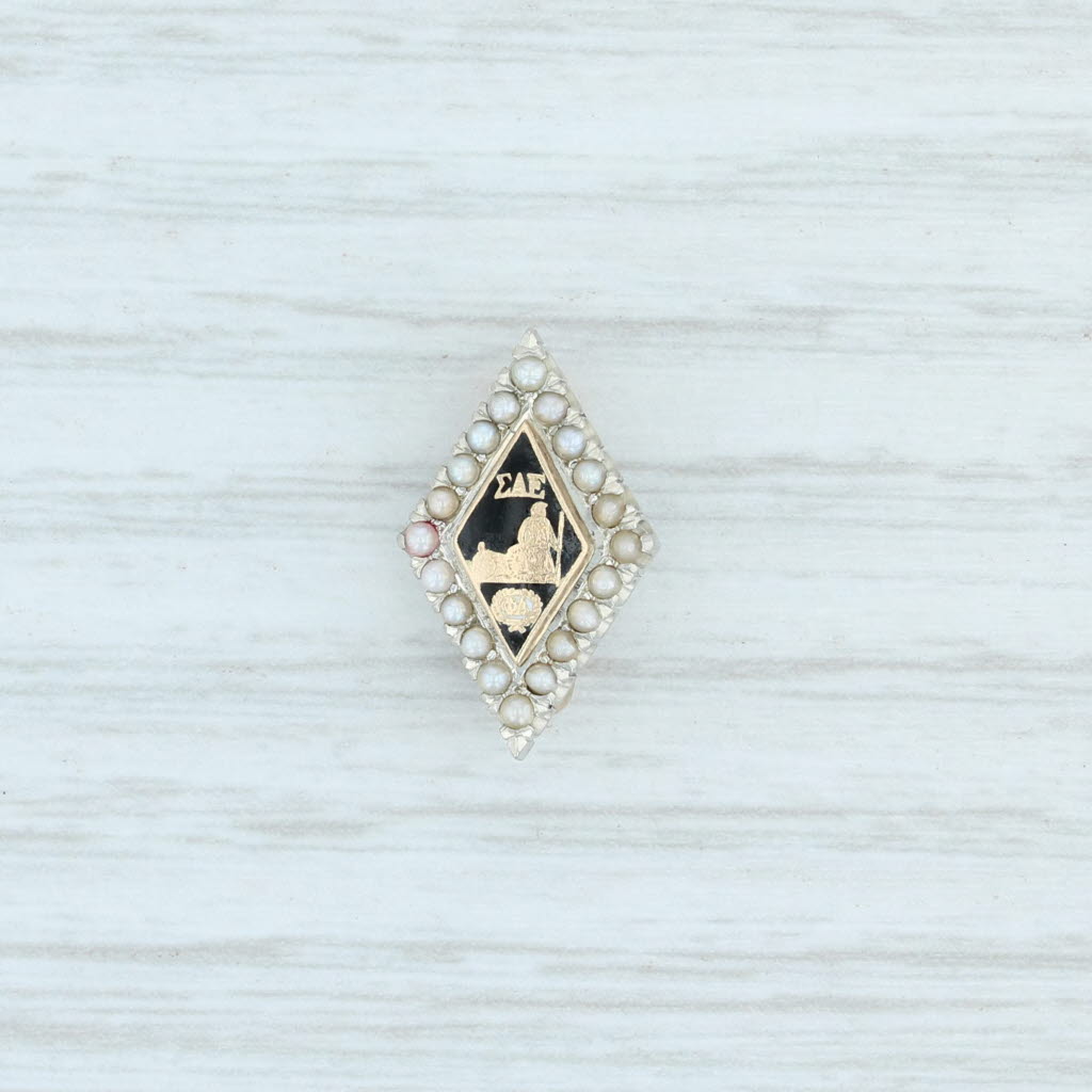 Lavender Sigma Alpha Epsilon Badge 18k White Gold Pearl Black Enamel SAE Fraternity Pin