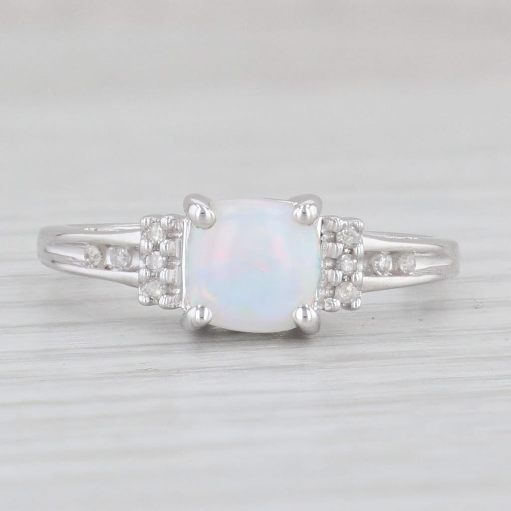 Light Gray Lab Created Opal Diamond Ring 14k White Gold Size 6 Cushion Cabochon