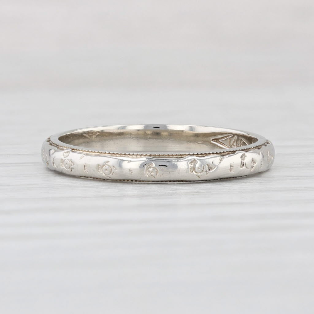 Light Gray Art Deco Floral Band 14k White Gold Size 6.25 Wedding Stackable Ring