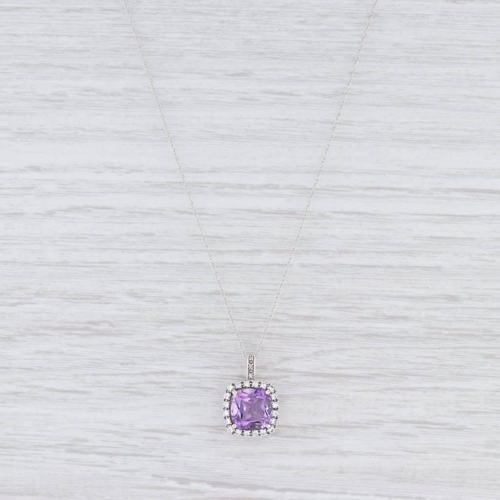 Light Gray New Amethyst Synthetic White Sapphire Halo Pendant Necklace 10k White Gold 18"