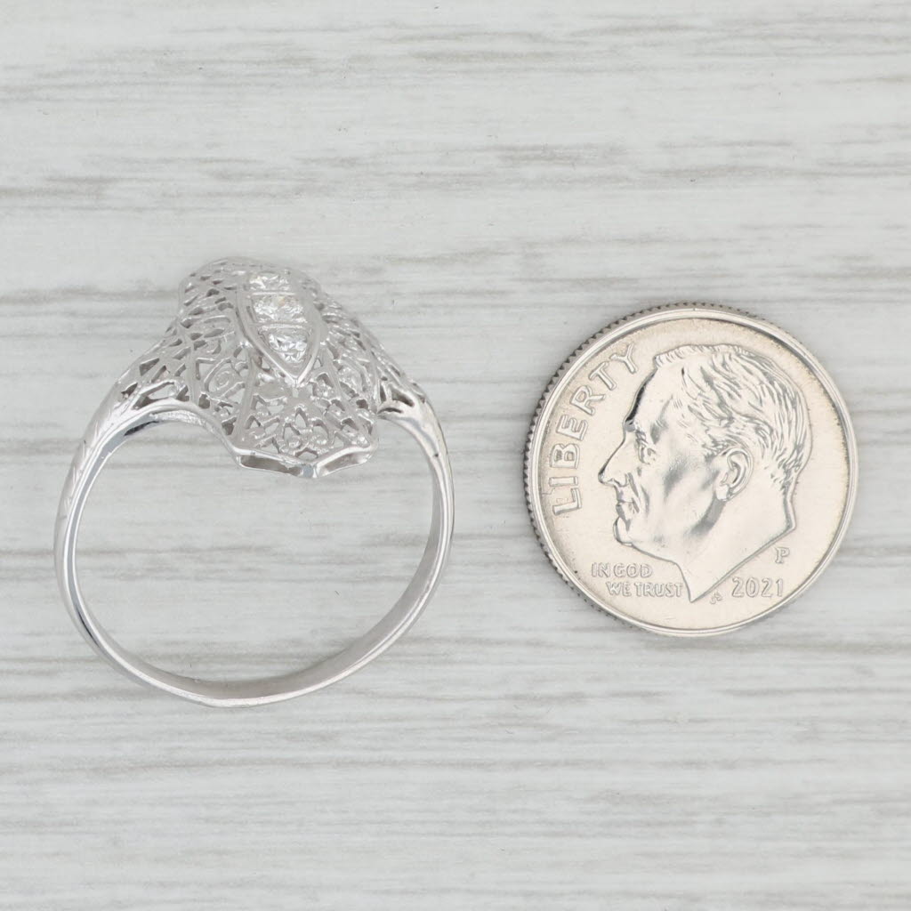 Light Gray Vintage 0.12ctw Diamond 3-Stone Filigree Ring 18k White Gold Size 9.5
