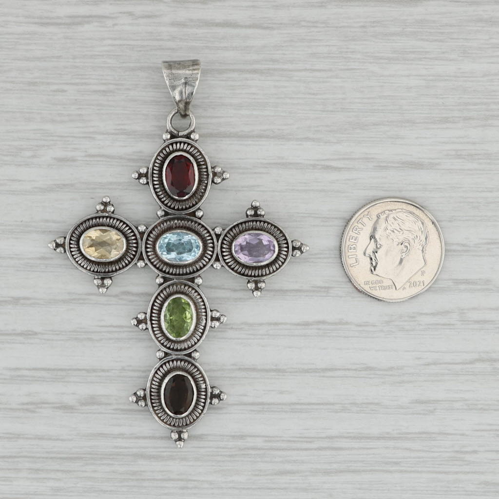Gray 4.70ctw Gemstone Cross Pendant Sterling Silver Garnet Topaz Amethyst Peridot