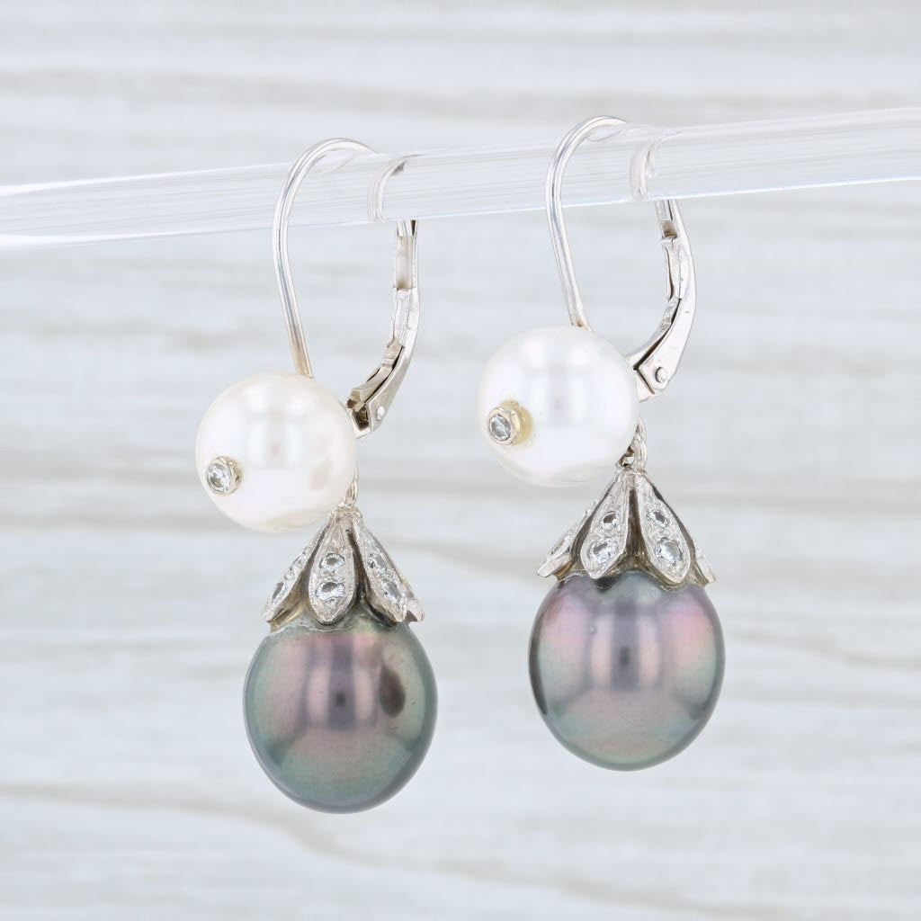 Light Gray New Cultured Black White Pearls Diamonds Drop Earrings 14k White Gold Pierced