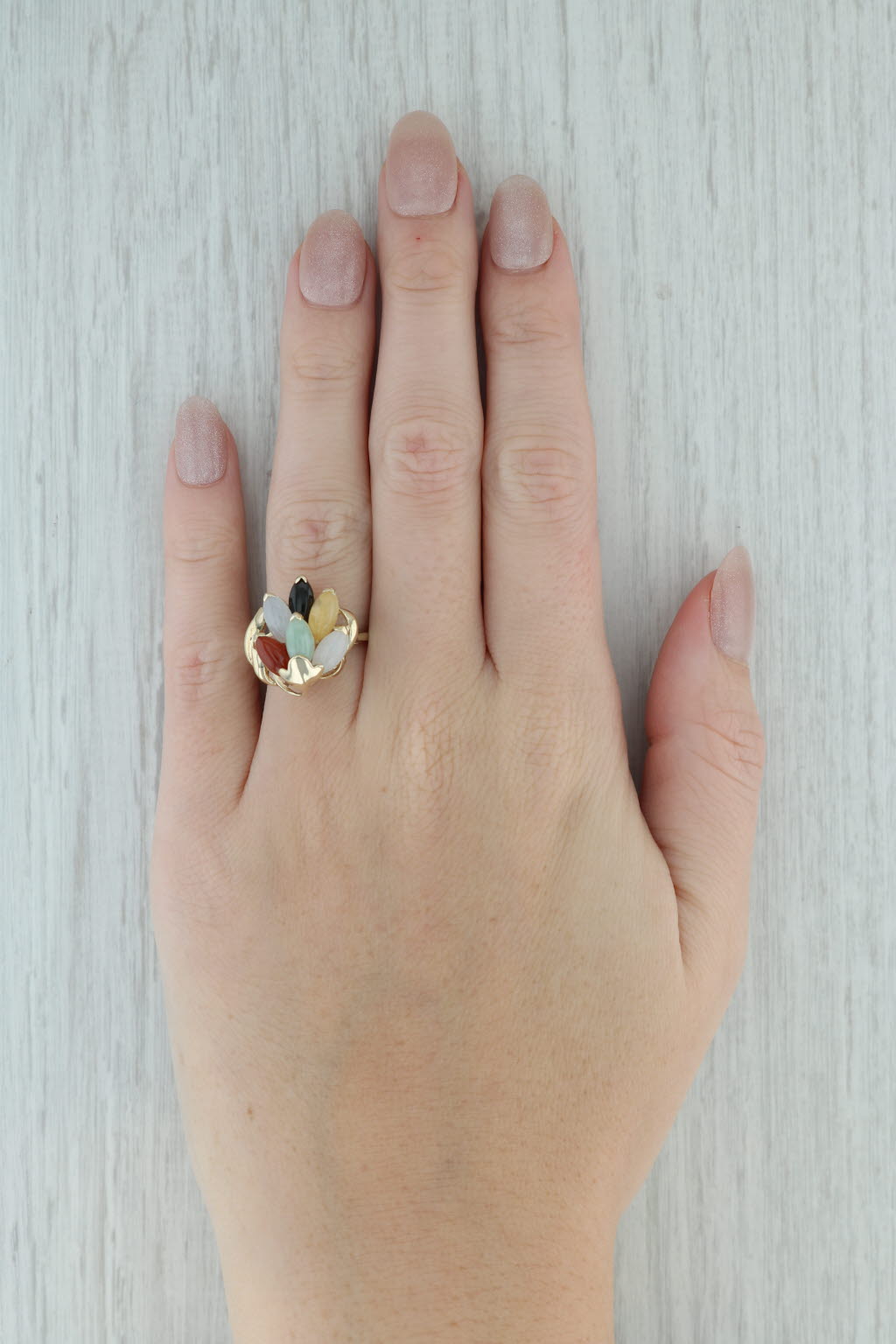 Gray Multi-Color Jadeite Jade Cluster Ring 14k Yellow Gold Size 6.75 Cocktail