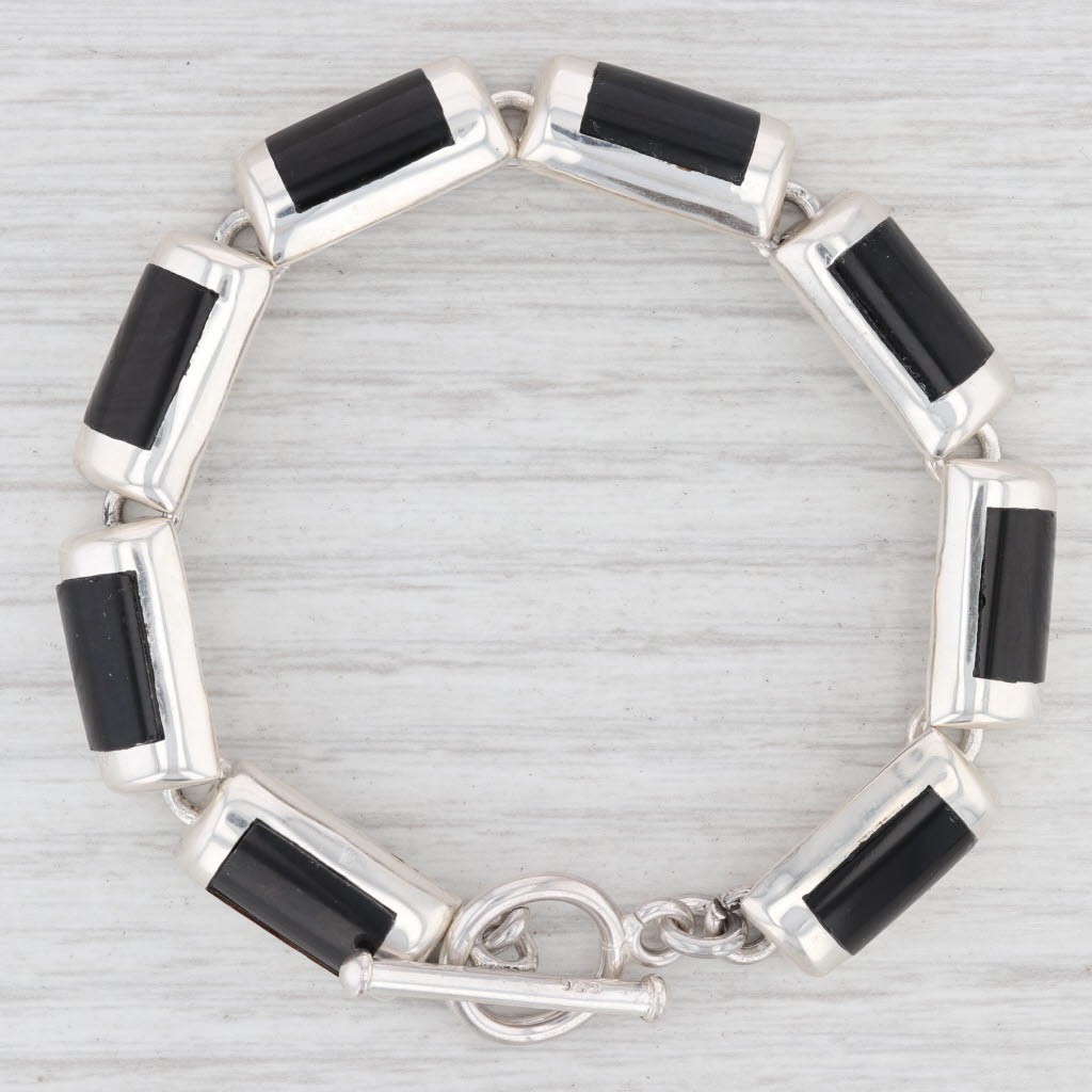 Light Gray New Black Glass Resin Link Bracelet Sterling Silver Toggle Clasp 7.5 9.6mm