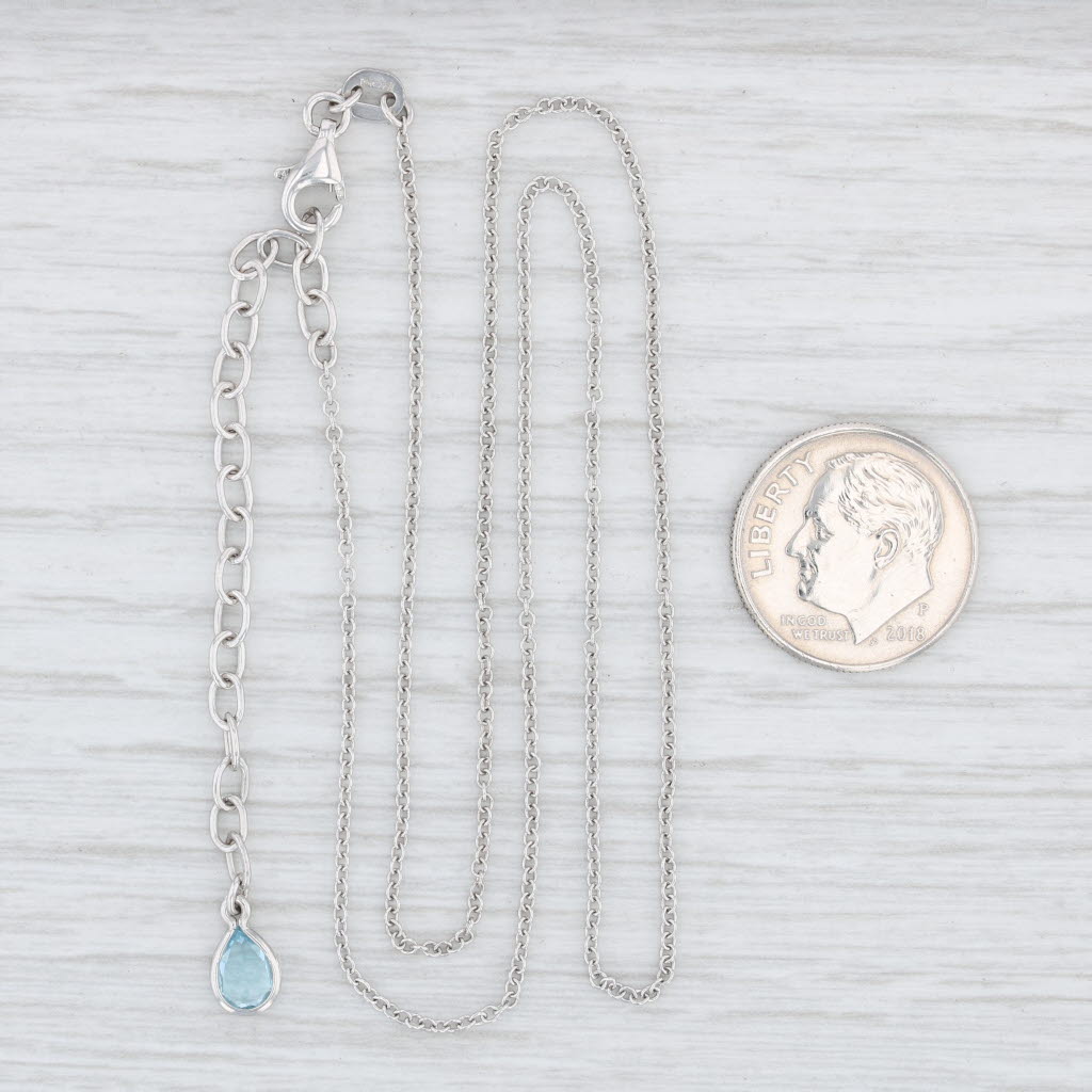 Light Gray Cable Chain Necklace Blue Topaz Drop 18k White Gold 1518" Adjustable Teardrop