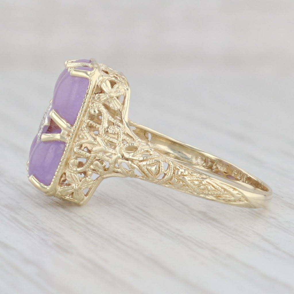 Light Gray Lavender Jadeite Jade Diamond Filigree Ring 14k Yellow Gold Size 8