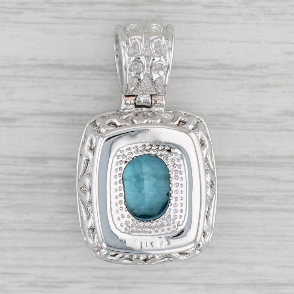 Gray 3ct Oval Blue Topaz Solitaire Pendant 14k white Gold Ornate Drop