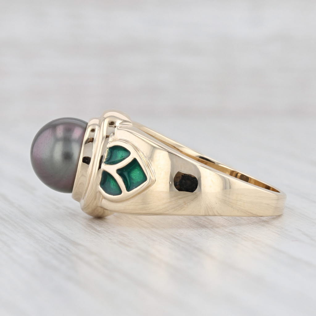 Light Gray Cultured Black Pearl Ring 14k Yellow Gold Resin Size 9 Round Solitaire