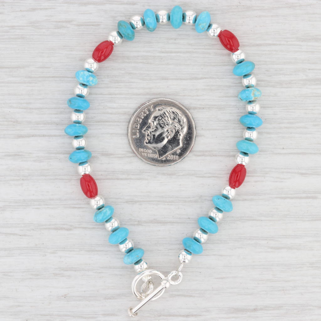 Light Gray New Blue Red Glass Bead Bracelet Sterling Silver 7” 6mm Toggle Clasp