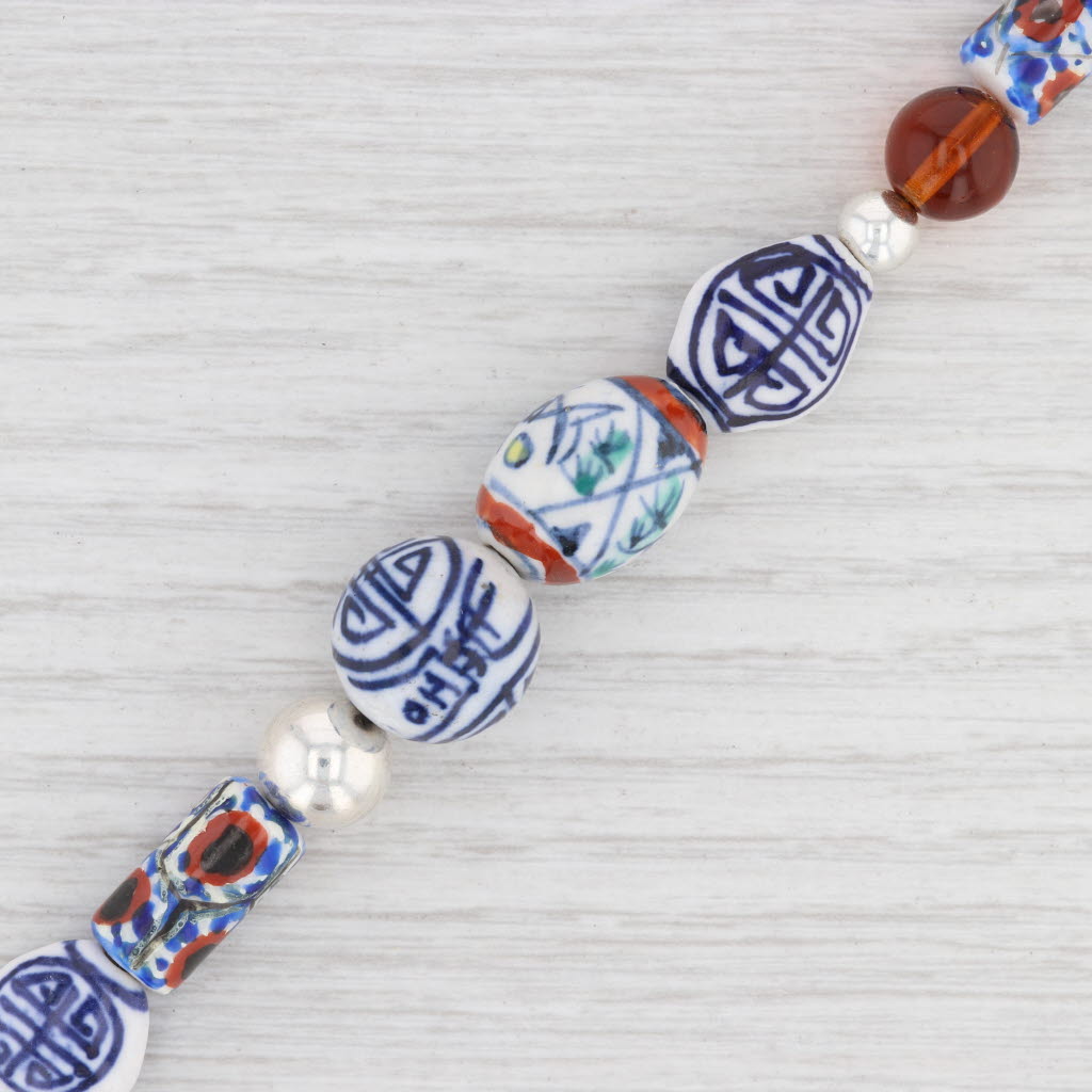 Light Gray New Bead Statement Bracelet Sterling Silver 8" Floral Ceramic Sodalite Glass