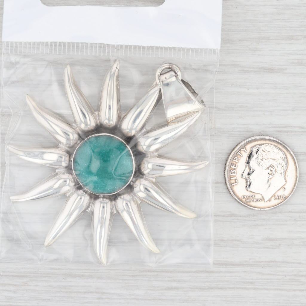 Light Gray New Flower Pendant Sterling Silver Celestial Sun Statement Green Resin