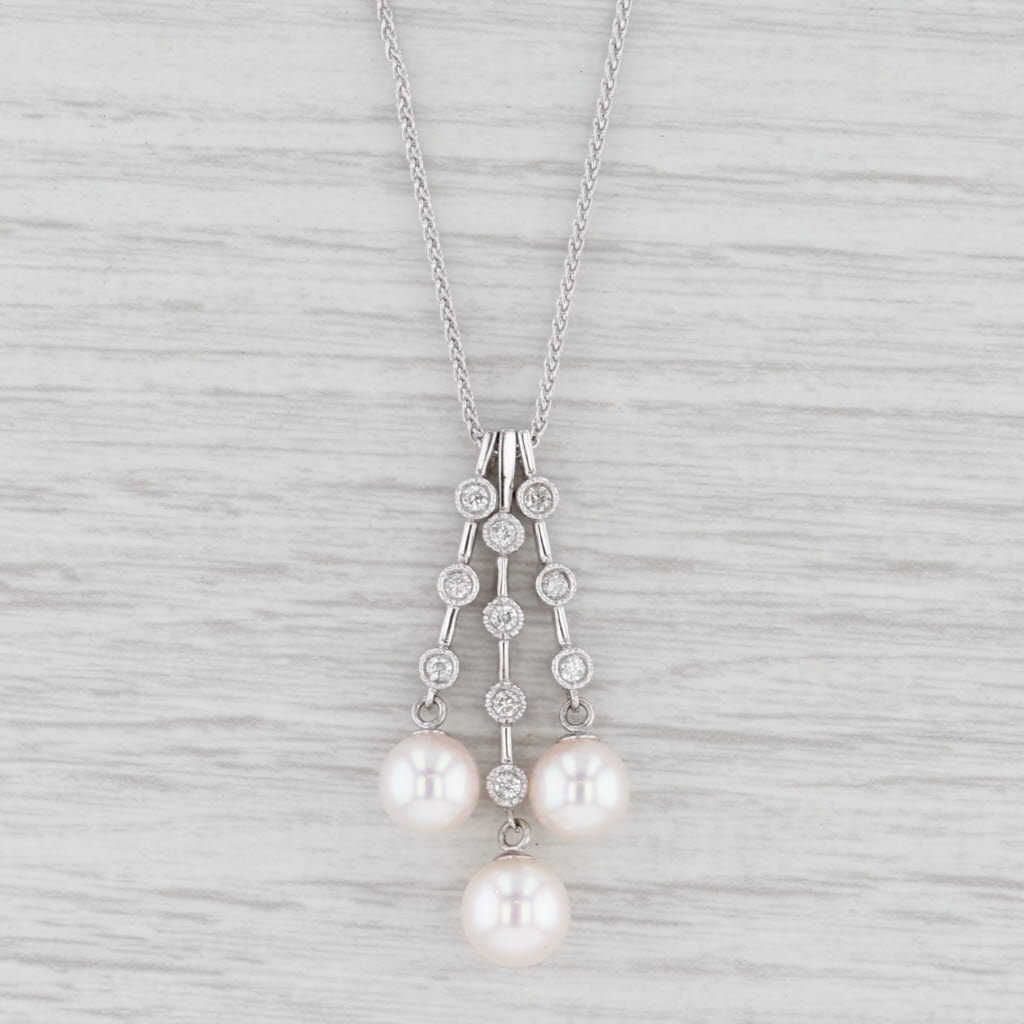 Light Gray New Cultured Pearl Diamond Journey Pendant Necklace 14k Gold 17.75" Wheat Chain