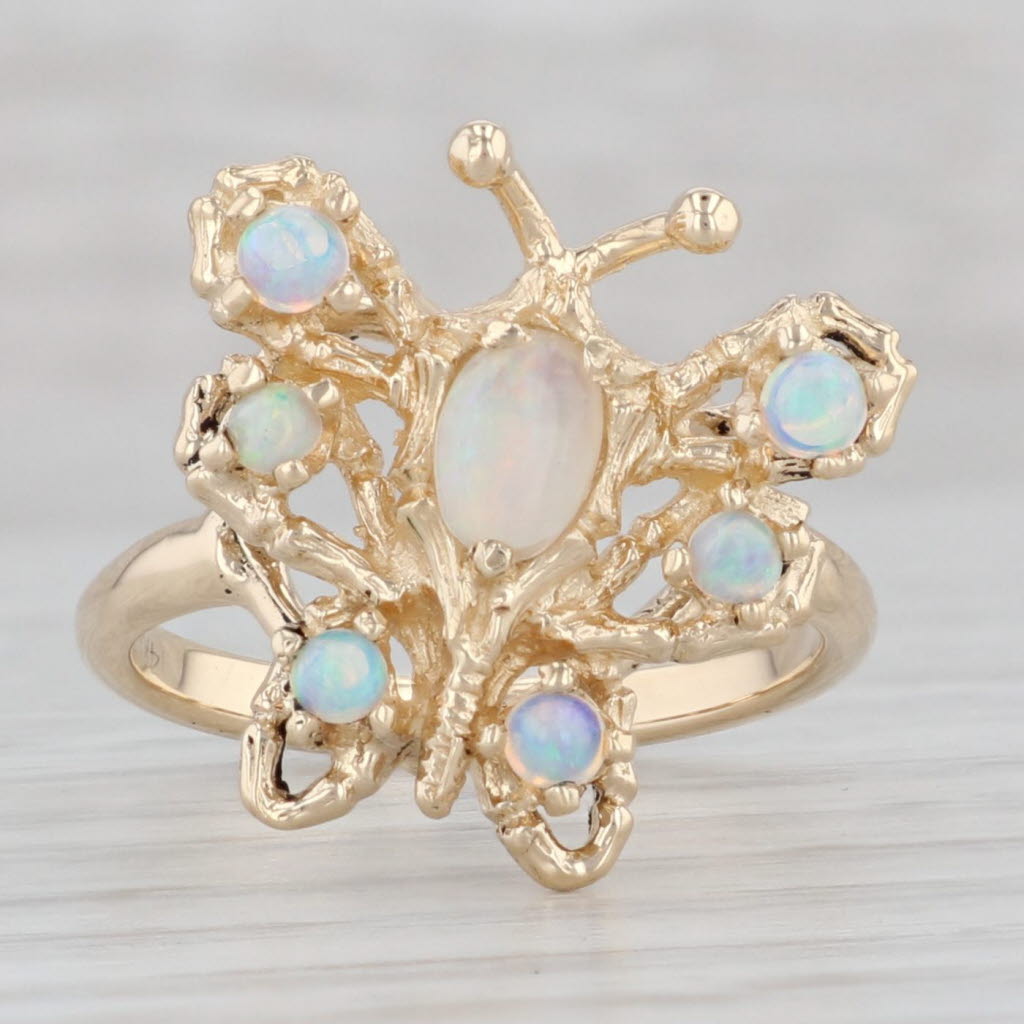 Light Gray Opal Butterfly Ring 14k Yellow Gold Size 7 Cocktail Bug Insect Jewelry