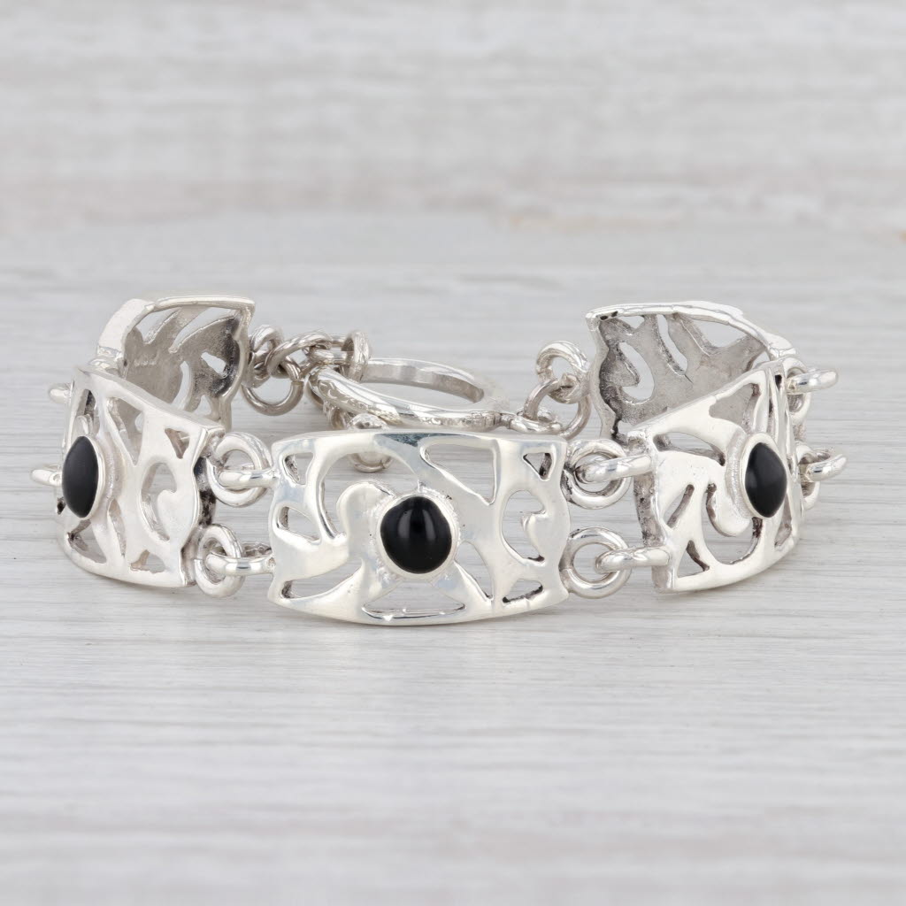 Light Gray New Black Resin Ornate Link Bracelet Sterling Silver Toggle Clasp 7.5 15.4mm