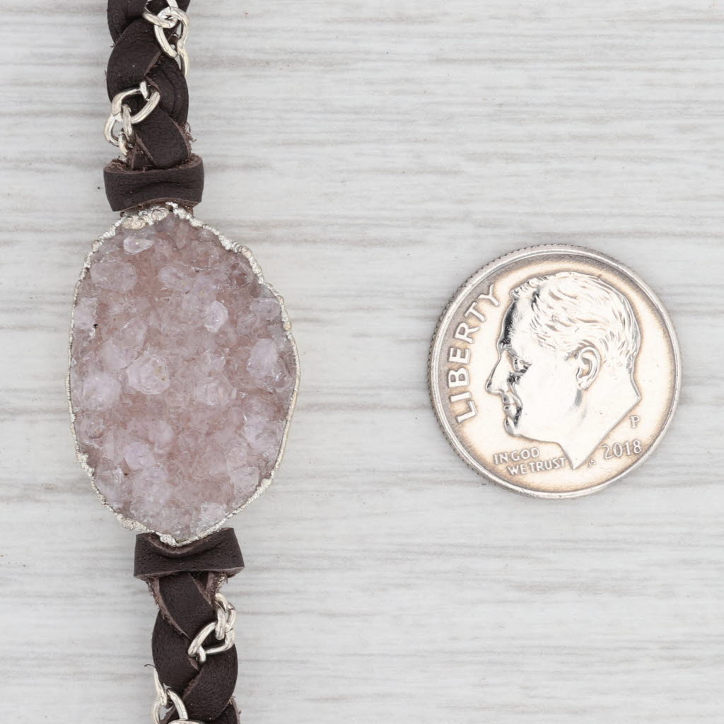 Light Gray New Nina Nguyen Cordelia Necklace Woven Dark Brown Leather Tags Druzy Quartz