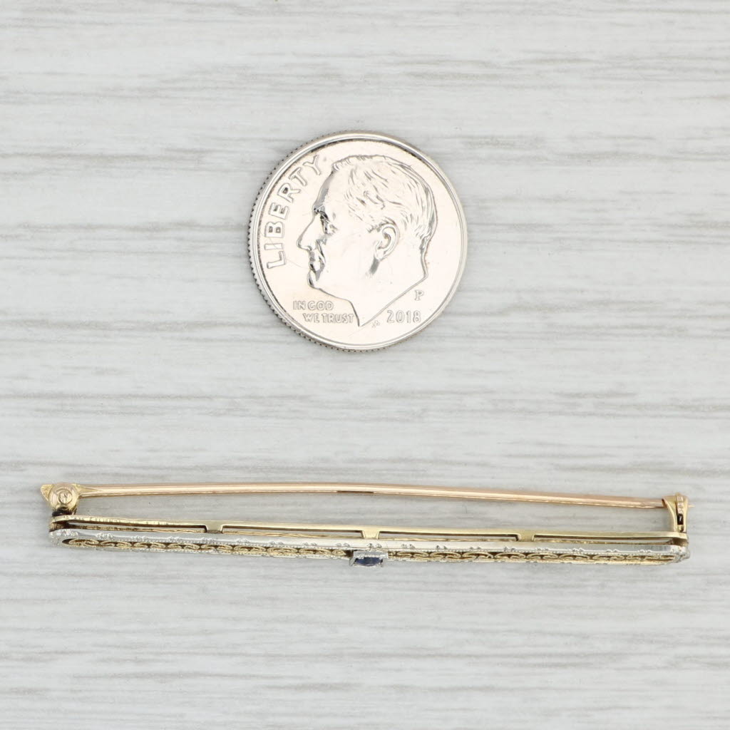 Light Gray Lab Created Sapphire Bar Pin Brooch 10k 14k Gold Platinum Vintage Filigree