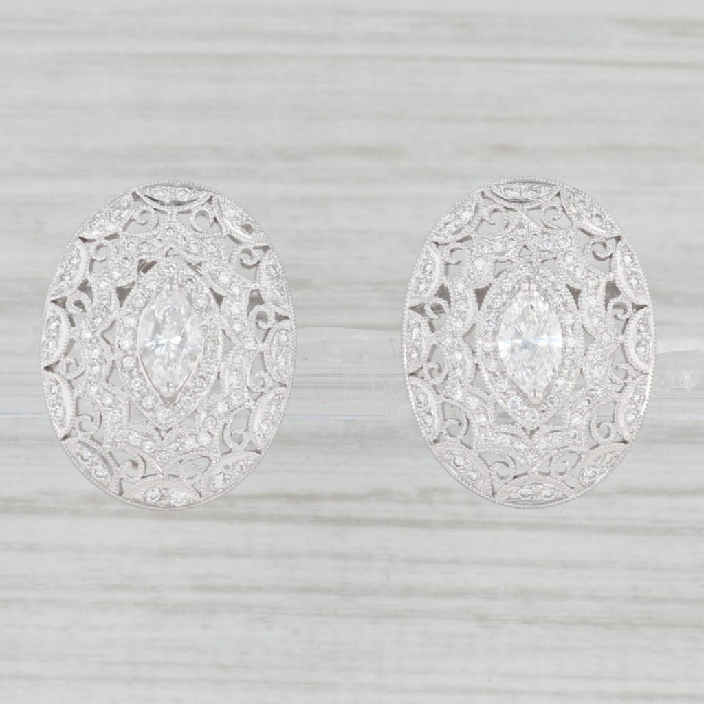 Light Gray 1.22ctw Diamond Ornate Oval Earrings 18k White Gold Non Pierced Screw Back