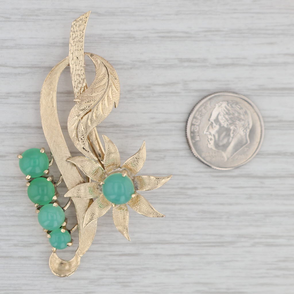 Gray Vintage Green Chrysoprase Flower Brooch 14k Yellow Gold Floral Statement Pin