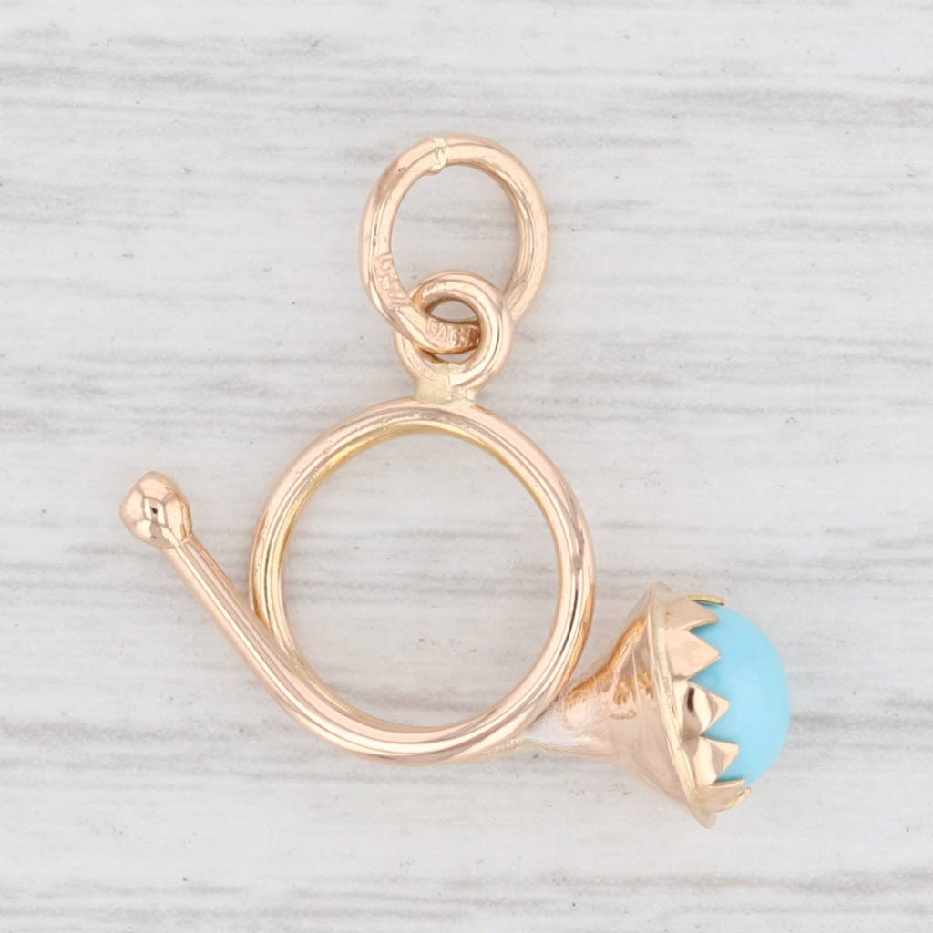 Light Gray Vintage Blue Glass French Horn Charm 18k Yellow Gold Pendant