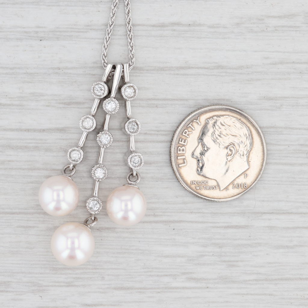 Light Gray New Cultured Pearl Diamond Journey Pendant Necklace 14k Gold 17.75" Wheat Chain