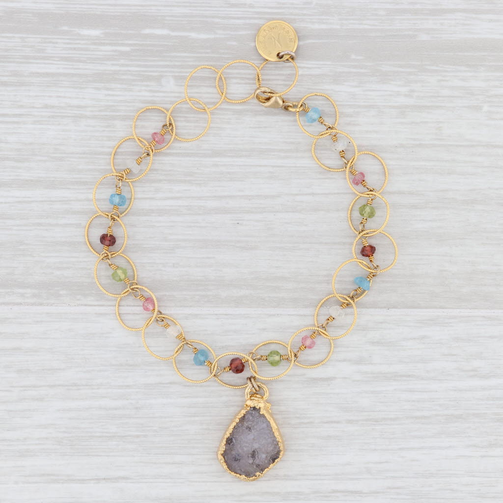 Light Gray New Nina Nguyen Gemstone Bead Druzy Quartz Charm Bracelet 7.5" Sterling