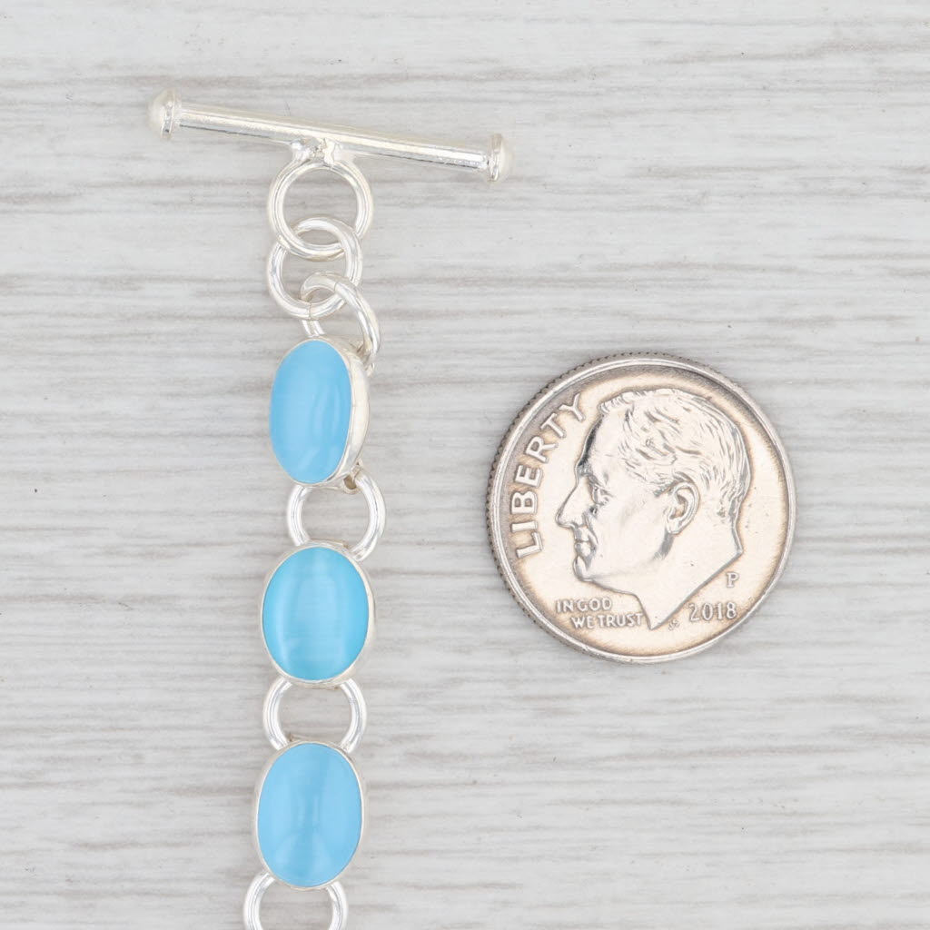 Light Gray New Sky Blue Glass Link Bracelet Sterling Silver 7.25” Chain Toggle Clasp