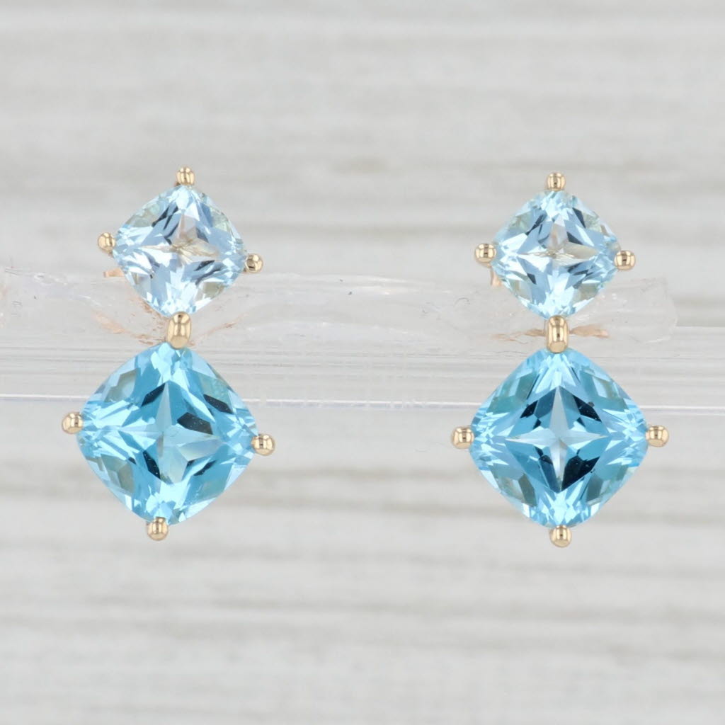 Light Gray 5ctw Cushion Princess Blue Topaz Drop Earrings 10k Yellow Gold