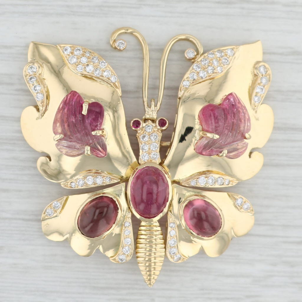Light Gray Vintage Butterfly Brooch with Moving Wings Tourmaline Ruby Diamond 18k Gold