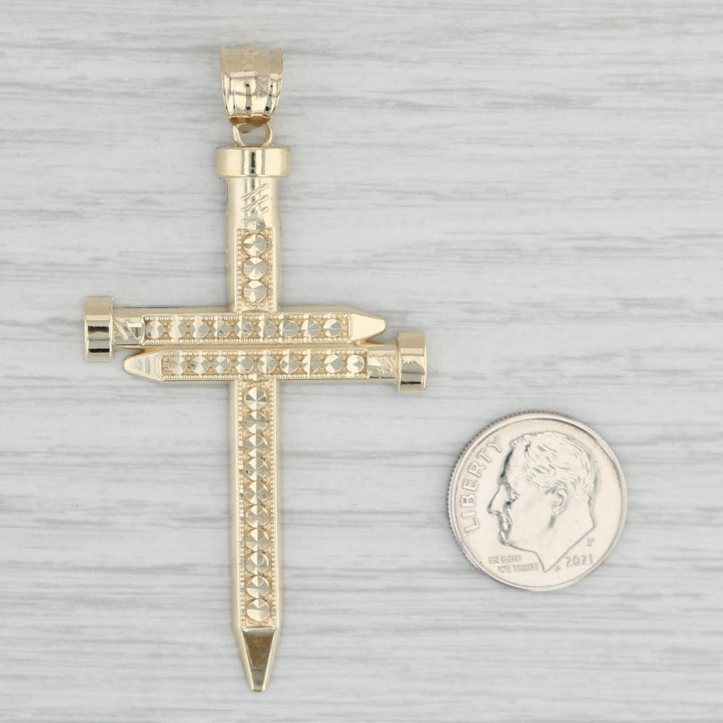 Light Gray Cross of Gold Nails Pendant 10k Yellow Gold Religious Jewelry Statement
