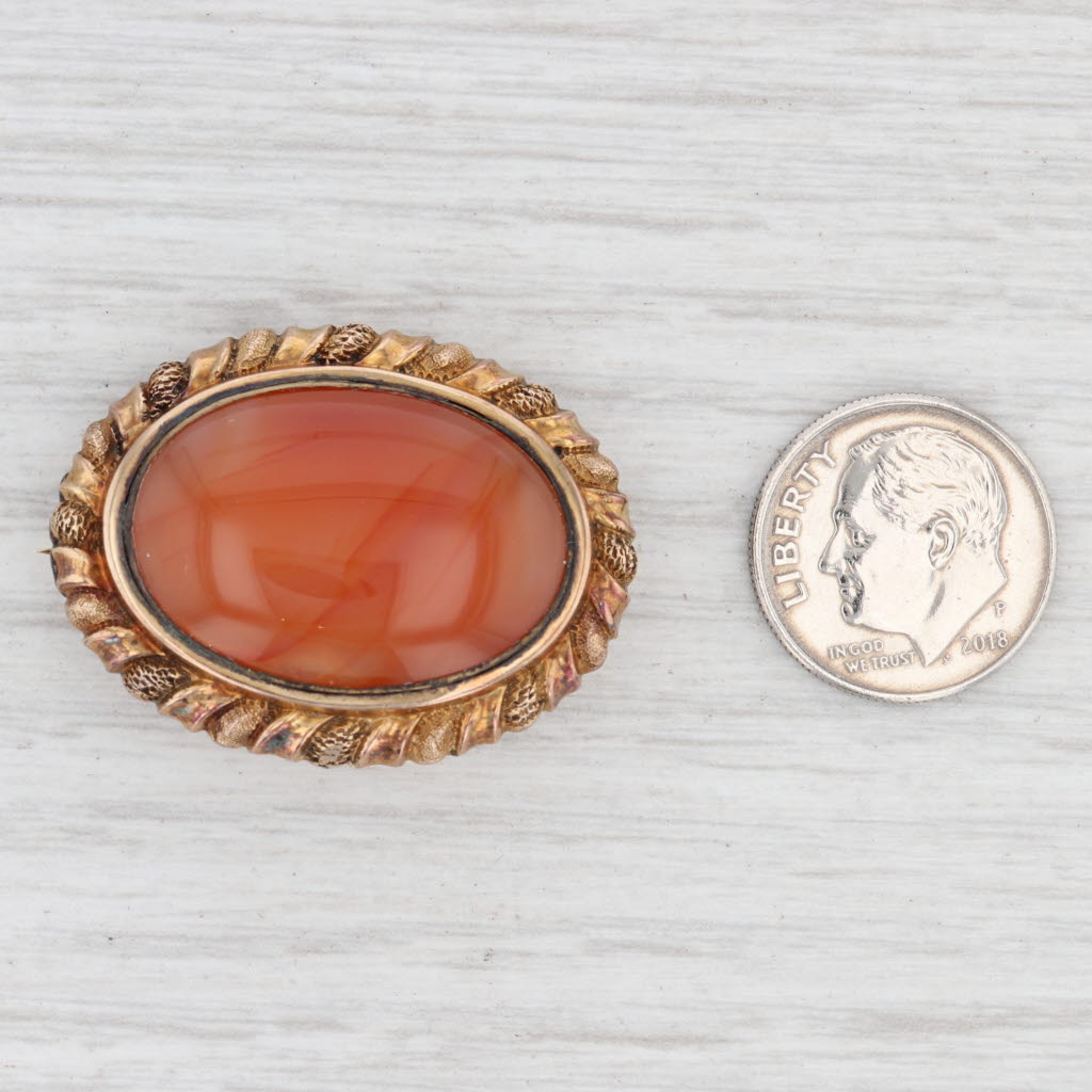 Light Gray Antique Carnelian Brooch 14k Yellow Gold Oval Burnt Orange Red Stone