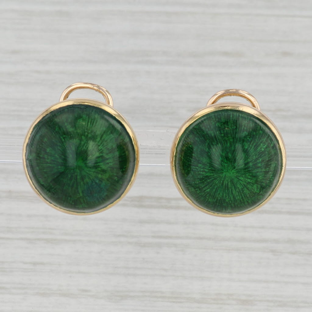 Light Gray Green Enamel Button Earrings 14k Yellow Gold Clip On Omega Backs