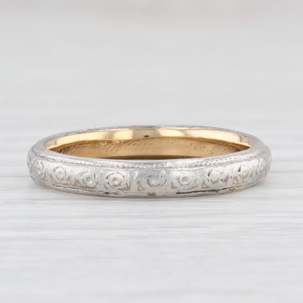 Light Gray Art Deco Floral Engraved Wedding Band Platinum over 18k Gold Sz 6.75 Ring Woods