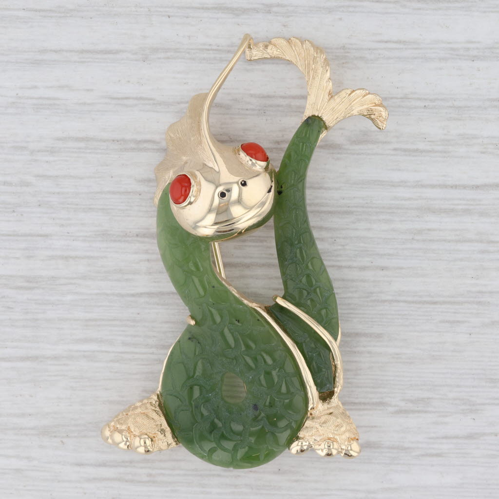 Light Gray Green Nephrite Jade Carved Dragon Brooch 14k Yellow Gold Coral Pin Asian Jewelry