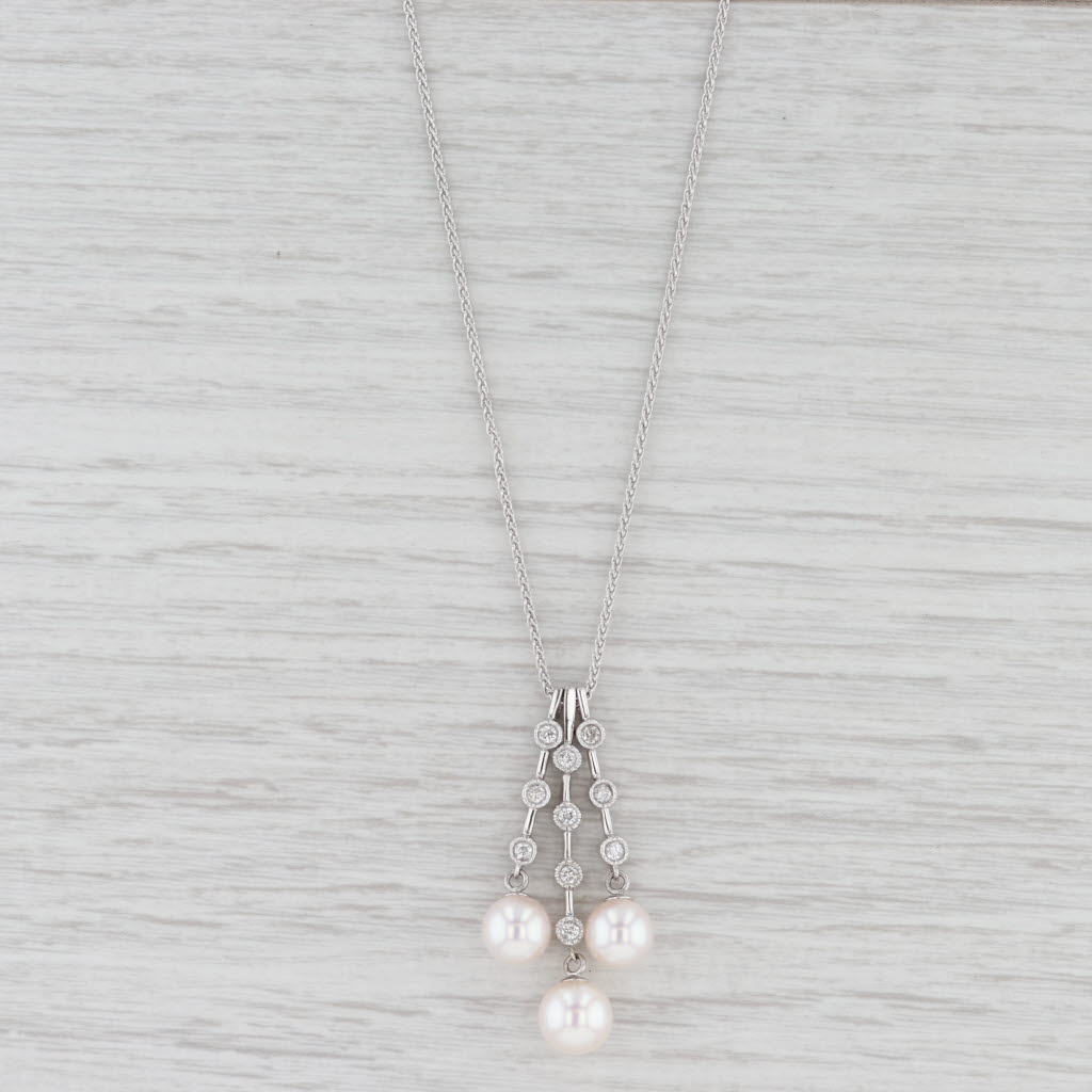 Light Gray New Cultured Pearl Diamond Journey Pendant Necklace 14k Gold 17.75" Wheat Chain