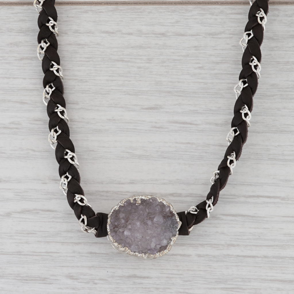 Gray New Nina Nguyen Druzy Quartz Cordelia Necklace Woven Dark Brown Leather Tags