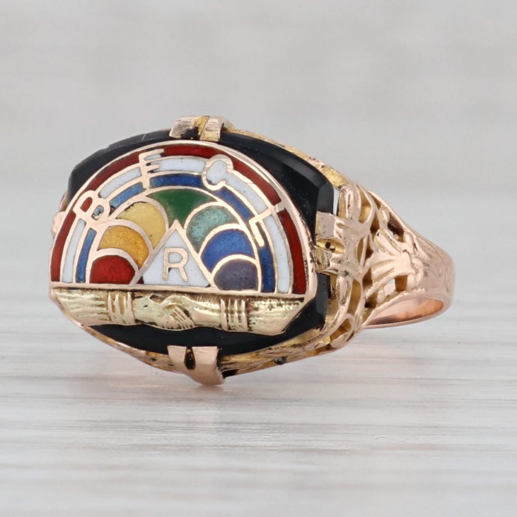 Gray Rainbow Girls Signet Ring 10k Rose Gold Onyx Masonic Youth Size 5.25