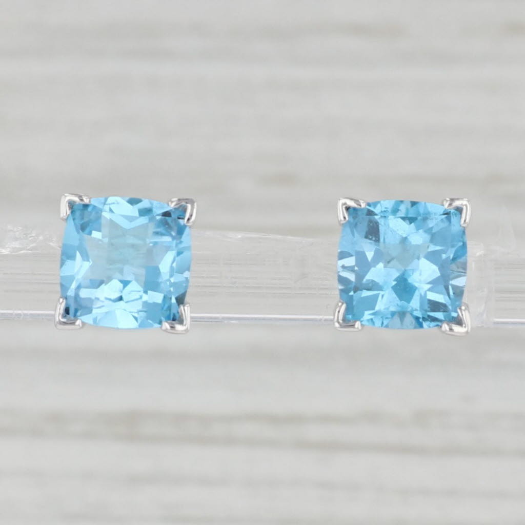 Light Gray 3.60ctw Cushion Blue Topaz Stud Earrings 14k White Gold Pierced Solitaire Studs