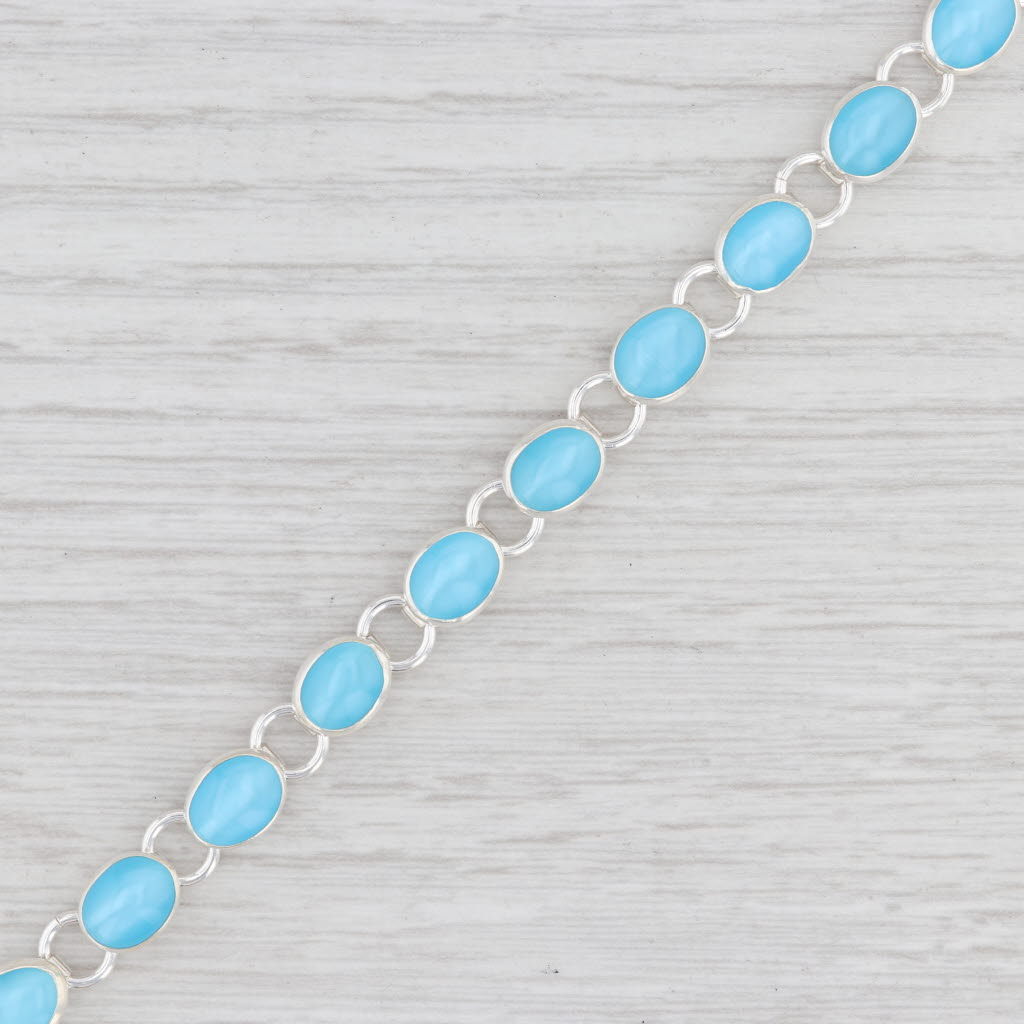 Light Gray New Sky Blue Glass Link Bracelet Sterling Silver 7.25” Chain Toggle Clasp