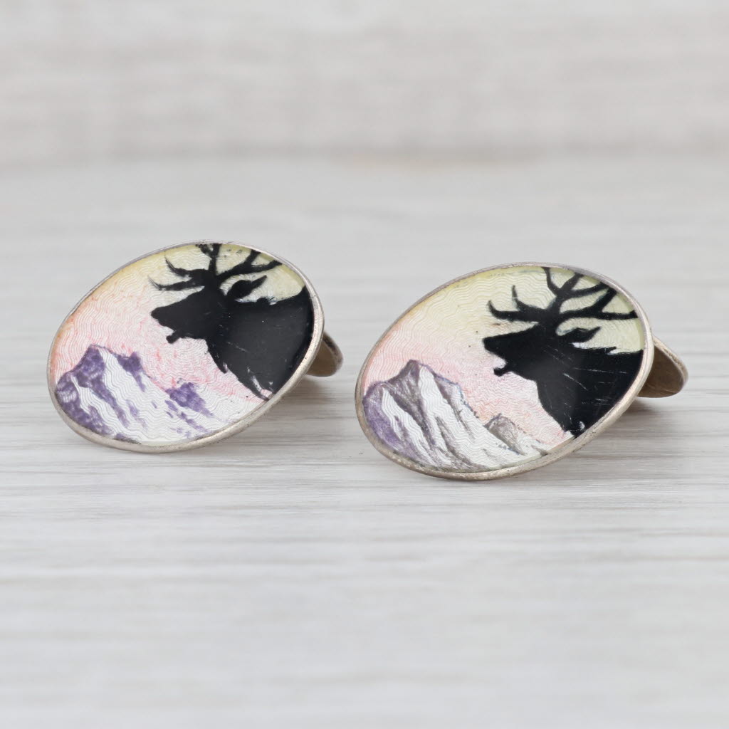 Light Gray Gustov Hellstrom Caribou Reindeer Cufflinks Silver 925S Guilloche Enamel Norway