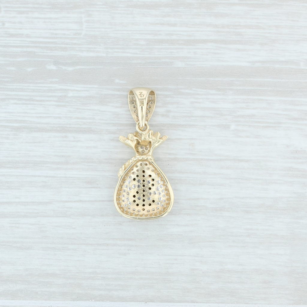 Light Gray Sparkling CZ Money Bag Pendant 10k Yellow Gold Black & White Cubic Zirconias