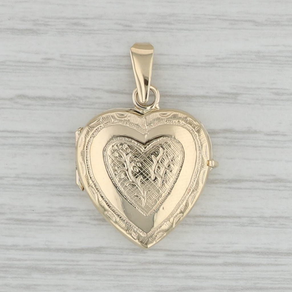 Gray Floral Etched Heart Picture Locket Pendant 14k Yellow Gold Engravable