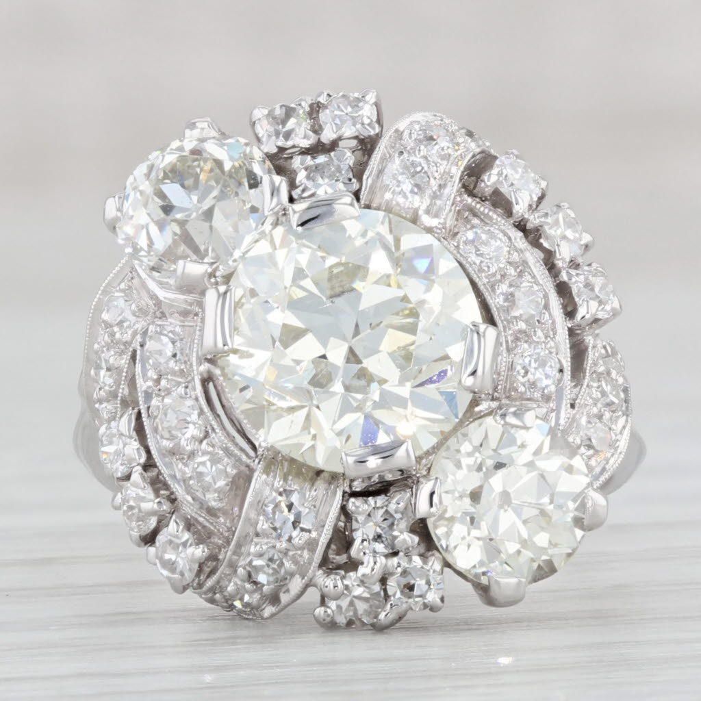 Light Gray 4.53ctw Diamond Ring Platinum Vintage Engagement Cocktail 1940s GIA Size 7