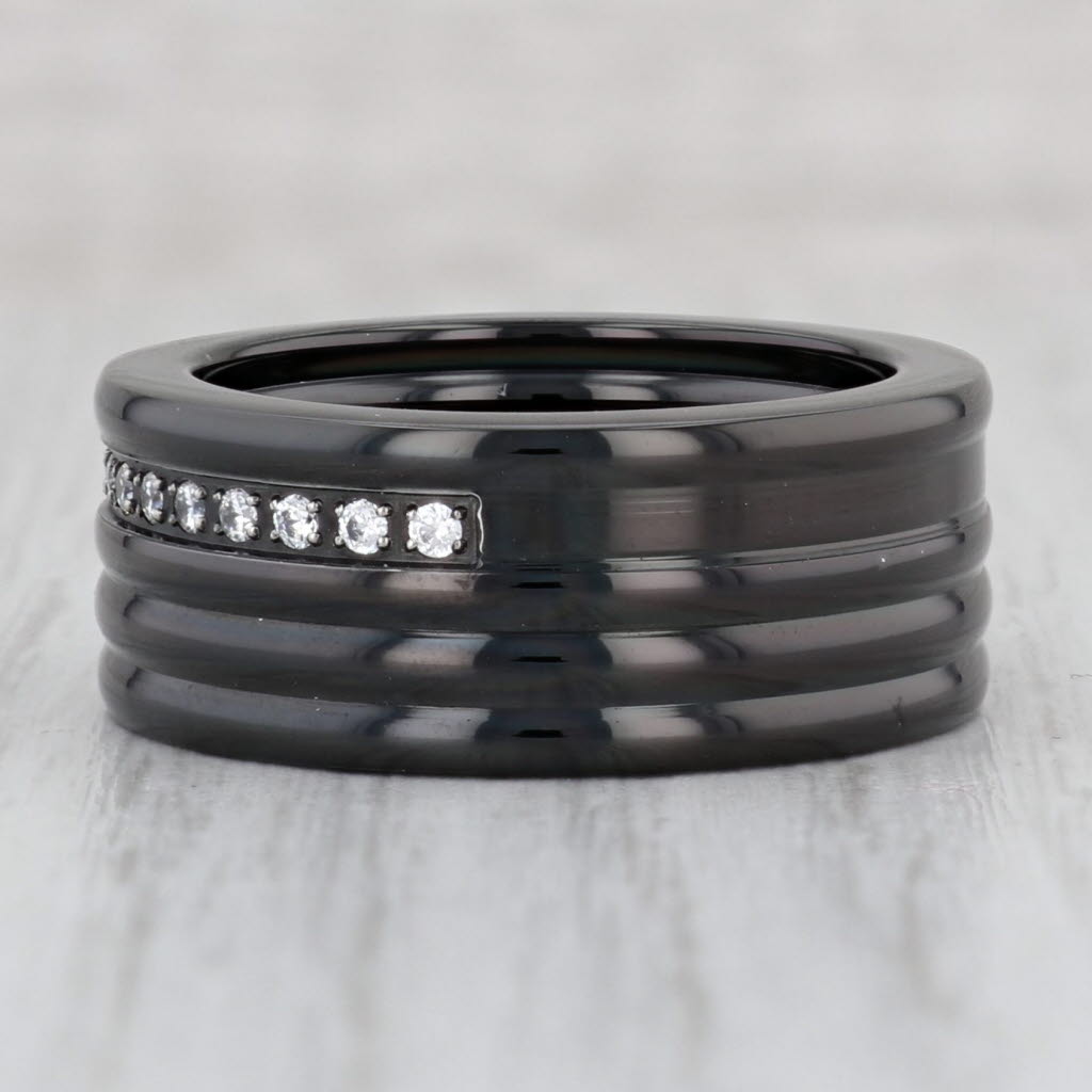 Light Gray Men's Cubic Zirconia Band Black Titanium Size 10 Wedding Ring
