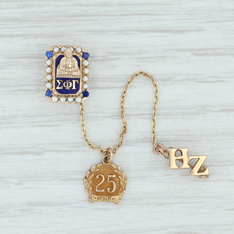 Light Gray Sigma Phi Gamma Badge 10k Gold Pearl Synthetic Sapphire 25 Year Sorority Pin